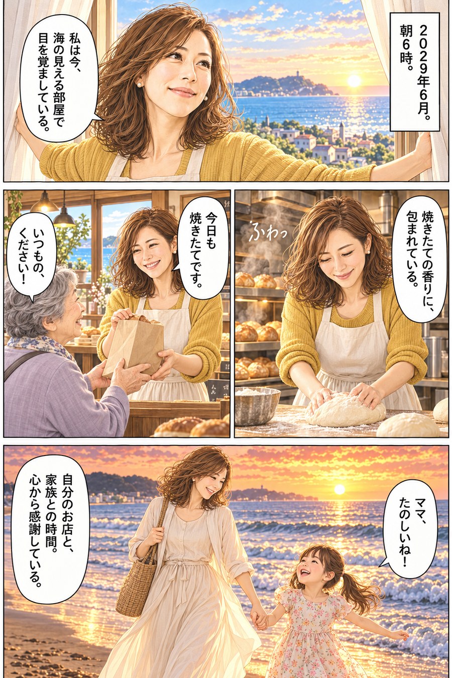 夢が叶った一日の漫画の見本：30代女性・海の近くで自分のパン屋を開いた日