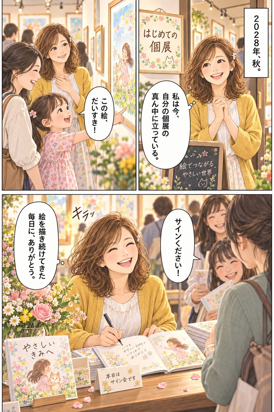 夢が叶った一日の漫画の見本：20代女性・イラストレーターとして初めての個展の日