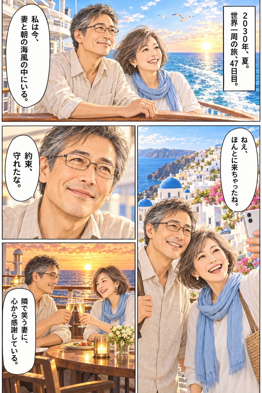 夢が叶った一日の漫画の見本：50代男性・妻と世界一周の旅に出た日