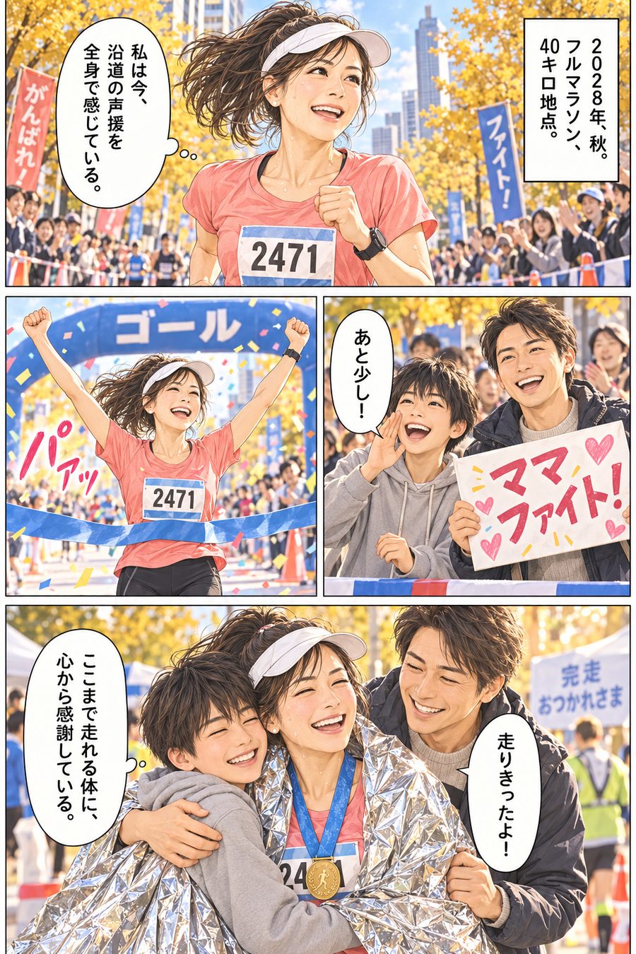 夢が叶った一日の漫画の見本：40代女性・フルマラソンを走りきった日