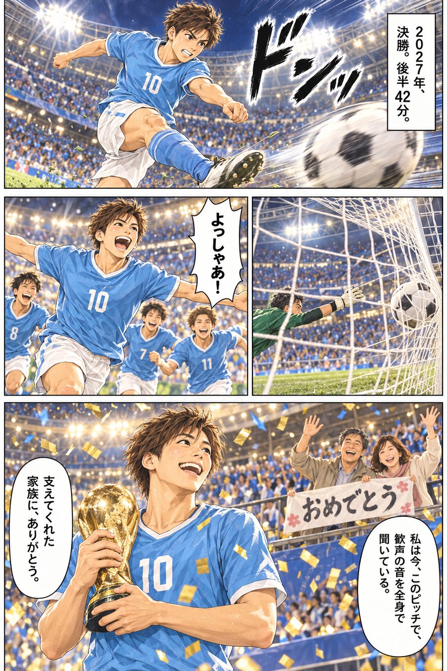 夢が叶った一日の漫画の見本：20代男性・プロサッカー選手として決勝でゴールを決めた日