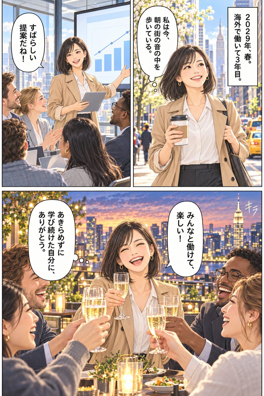 夢が叶った一日の漫画の見本：20代女性・海外で働いて3年目の一日