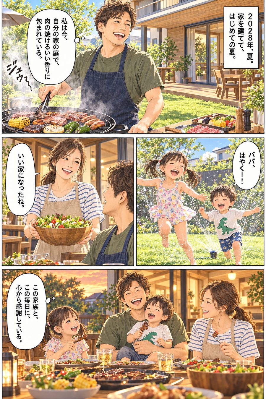夢が叶った一日の漫画の見本：30代男性・家を建てて、はじめての夏の日